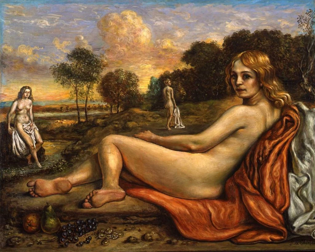 Giorgio De Chirico - Bagnanti (con drappo rpssp nel paesaggio), 1945, Fondazione Giorgio e Isa de Chirico, Roma